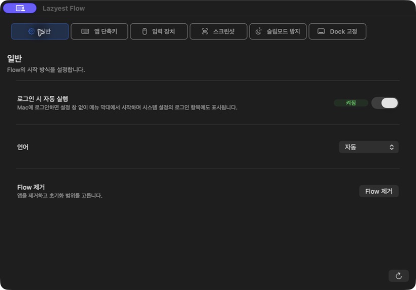 Lazyest Flow 일반 설정 화면
